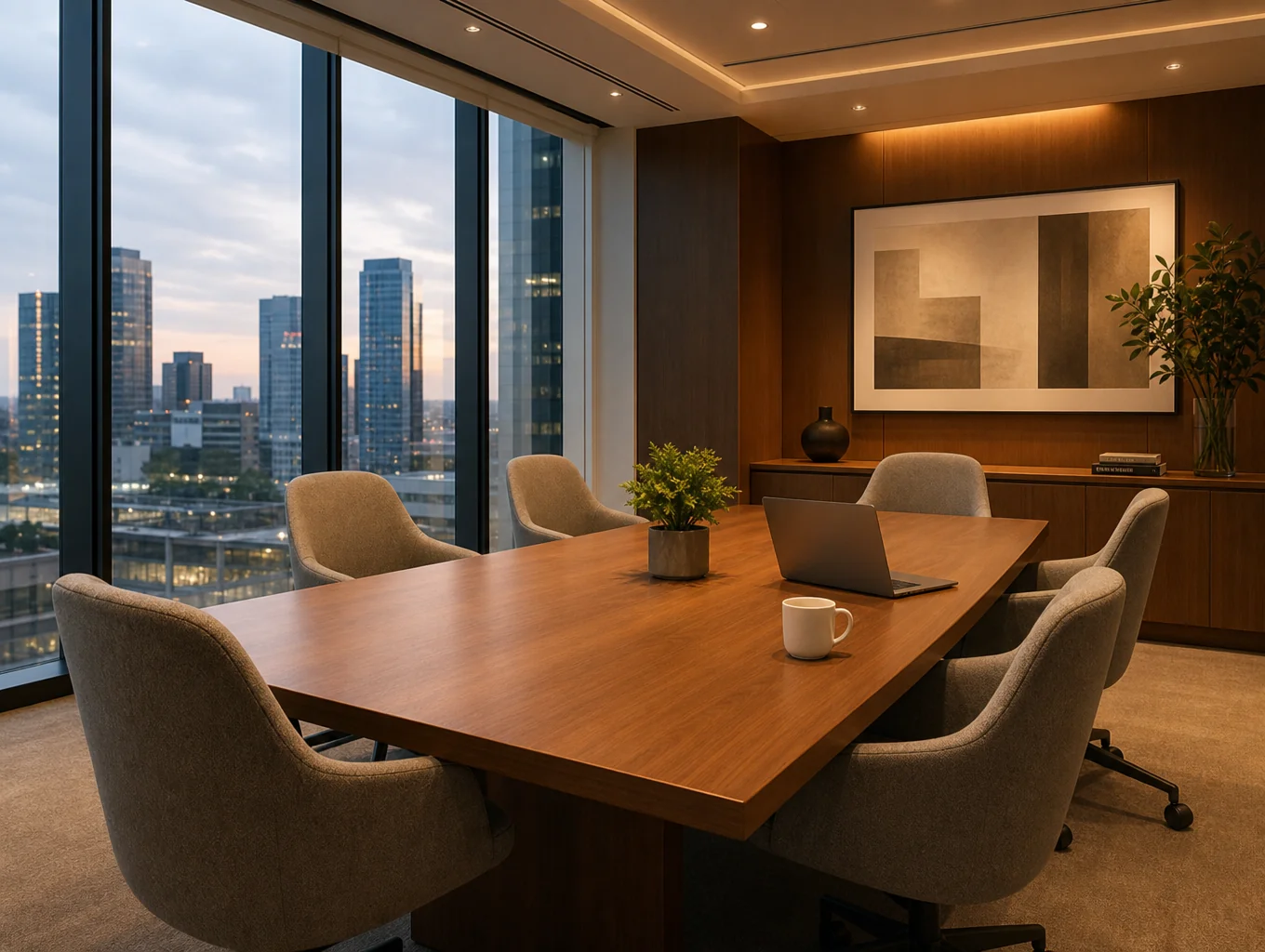 Naturally lit modern commercial conference room with solid oak table and ergonomic chairs